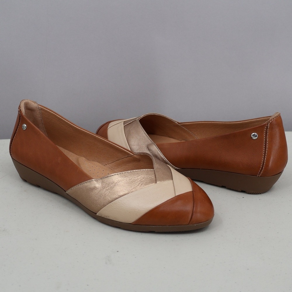Pikolinos Flats Women 9.5 Tan Gold Colorblock Leather Ballet Wedge Comfort Boho